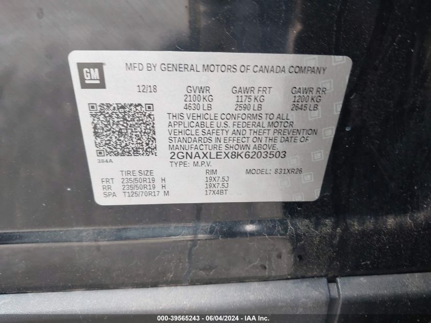 2019 Chevrolet Equinox Lt VIN: 2GNAXLEX8K6203503 Lot: 39565243