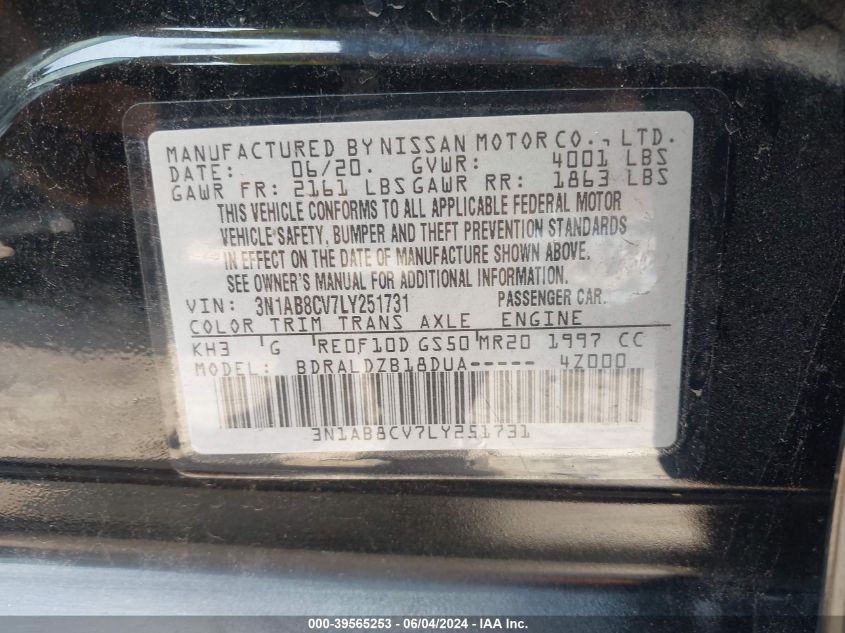 2020 Nissan Sentra Sv Xtronic Cvt VIN: 3N1AB8CV7LY251731 Lot: 39565253