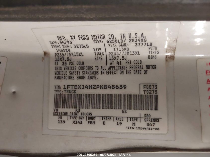 1993 Ford F150 VIN: 1FTEX14H2PKB48639 Lot: 39565259