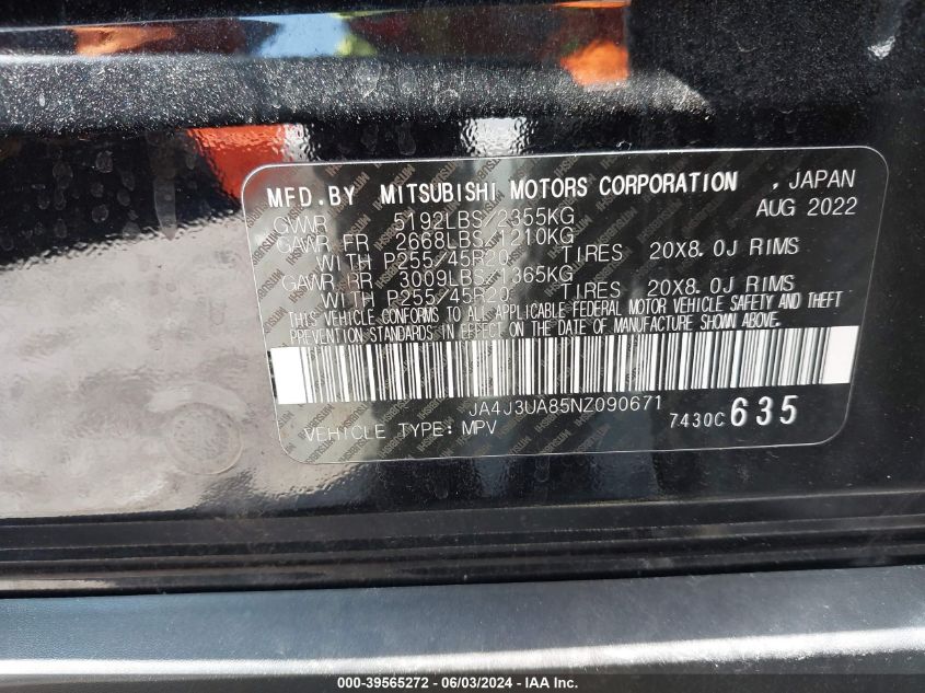 2022 Mitsubishi Outlander Black Edition 2Wd/Se 2.5 2Wd/Se Launch Edition 2Wd VIN: JA4J3UA85NZ090671 Lot: 39565272