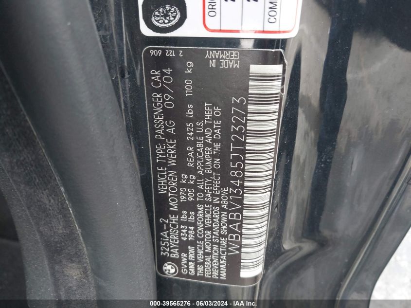 2005 BMW 325Ci VIN: WBABV13485JT23273 Lot: 39565276