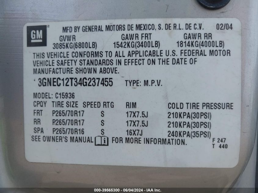 2004 Chevrolet Avalanche 1500 VIN: 3GNEC12T34G237455 Lot: 39565300
