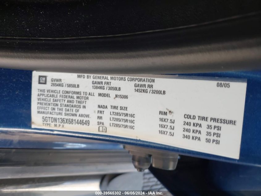 2006 Hummer H3 Suv VIN: 5GTDN136X68144649 Lot: 39565302