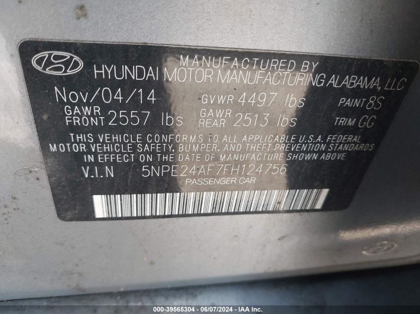 2015 Hyundai Sonata Se VIN: 5NPE24AF7FH124756 Lot: 39565304