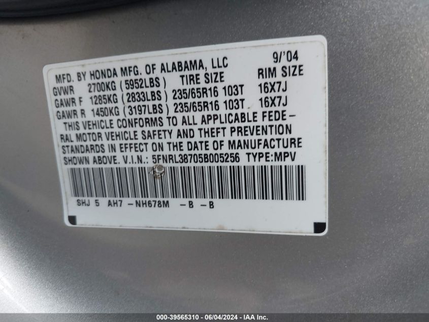 2005 Honda Odyssey Ex-L VIN: 5FNRL38705B005256 Lot: 39565310