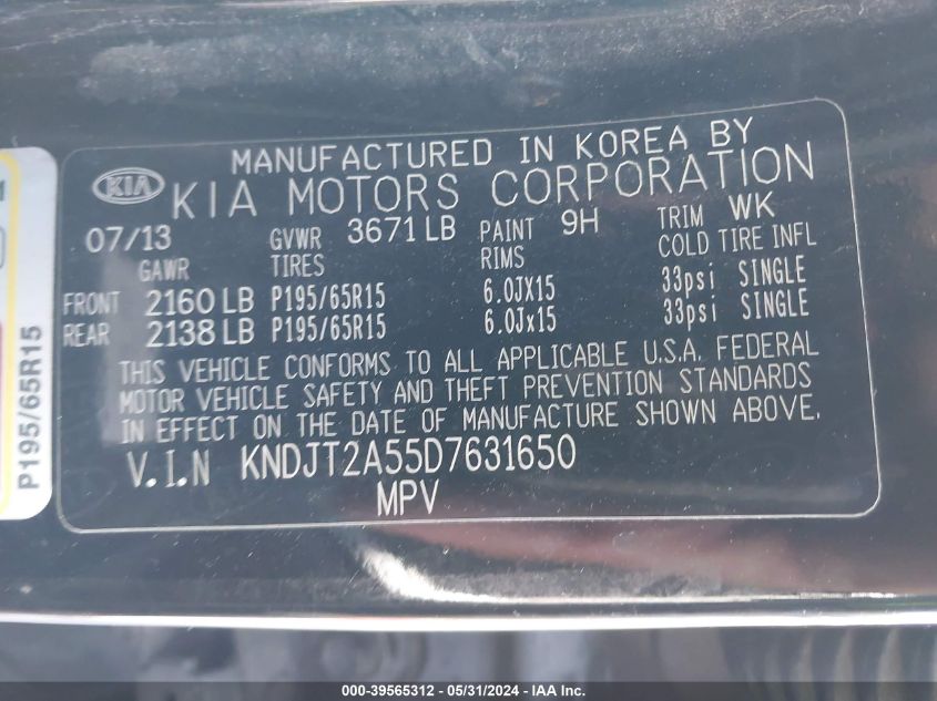 2013 Kia Soul VIN: KNDJT2A55D7631650 Lot: 39565312