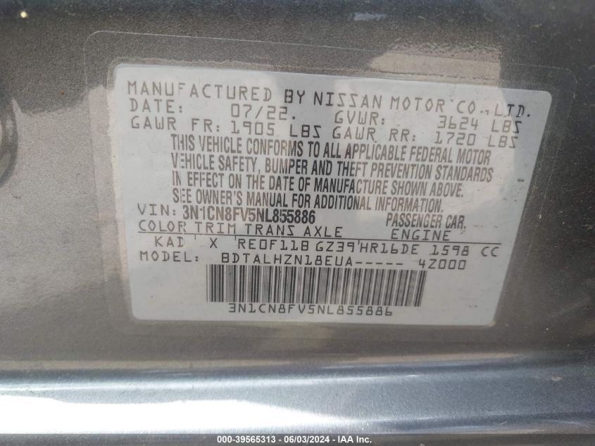 2022 Nissan Versa 1.6 Sr Xtronic Cvt VIN: 3N1CN8FV5NL855886 Lot: 39565313