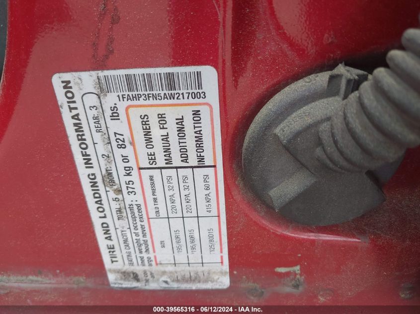 2010 Ford Focus Se VIN: 1FAHP3FN5AW217003 Lot: 39565316