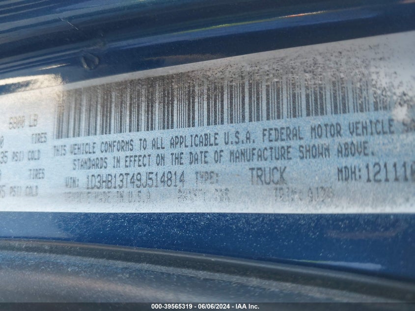 2009 Dodge Ram 1500 Slt/Sport/Trx VIN: 1D3HB13T49J514814 Lot: 39565319