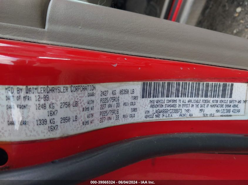 2000 Jeep Grand Cherokee Laredo VIN: 1J4GW48S8YC239973 Lot: 39565324