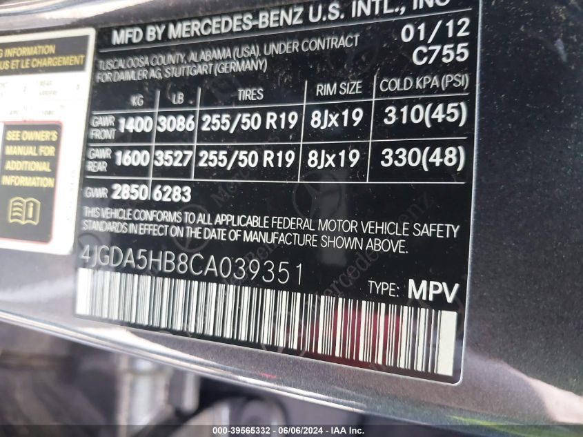 2012 Mercedes-Benz Ml 350 4Matic VIN: 4JGDA5HB8CA039351 Lot: 39565332