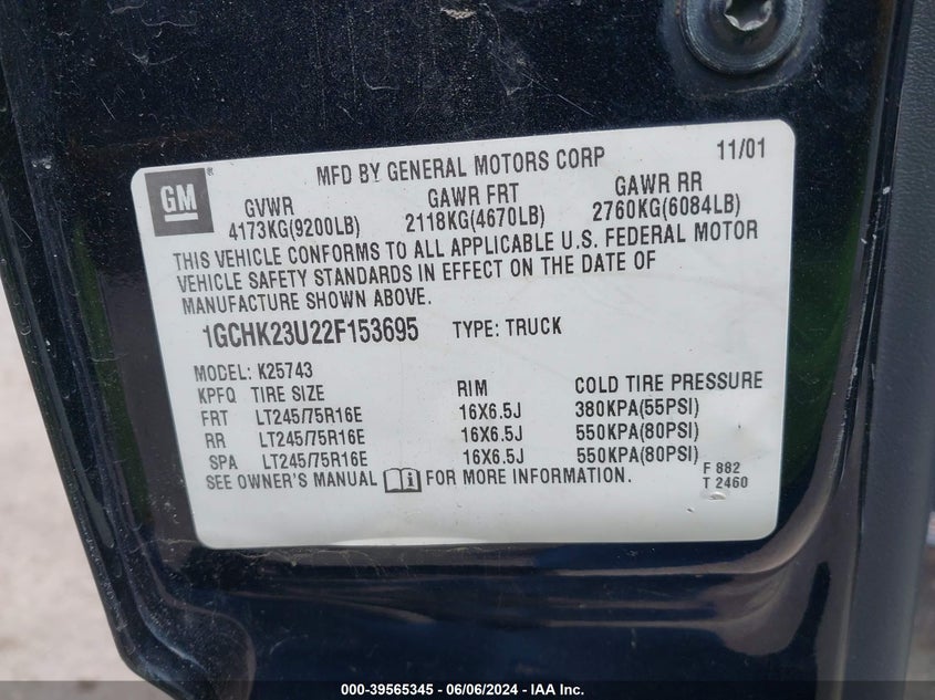 2002 Chevrolet Silverado 2500Hd Lt VIN: 1GCHK23U22F153695 Lot: 39565345