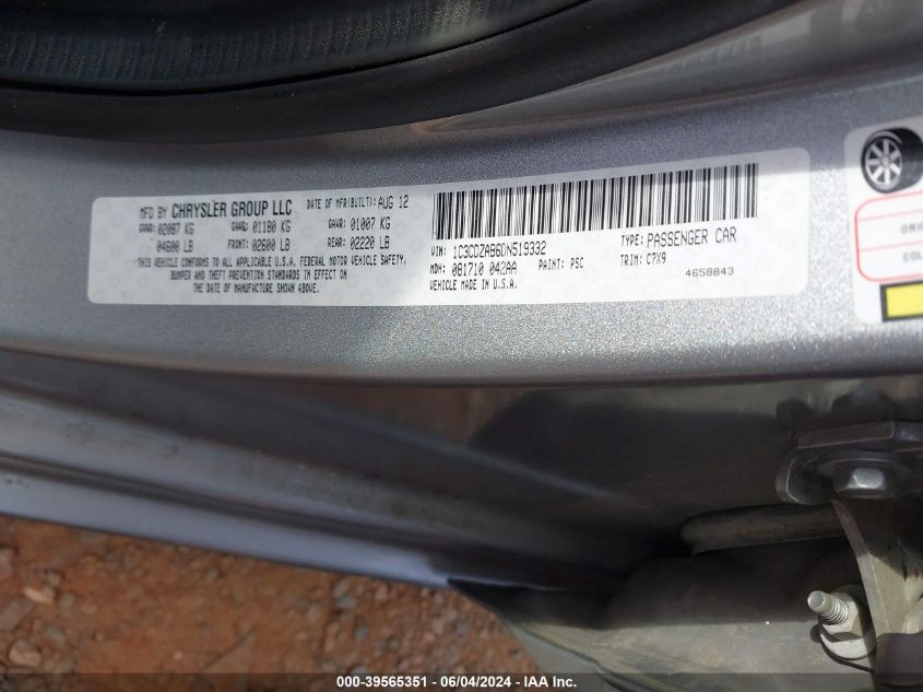 2013 Dodge Avenger Se VIN: 1C3CDZAB6DN519332 Lot: 39565351