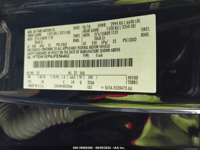 2018 Ford F-150 Xl VIN: 1FTEW1EP9JFE56402 Lot: 39565360