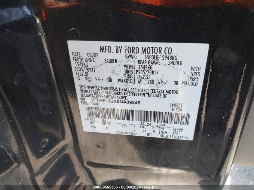 2006 Ford F-150 Stx/Xl/Xlt VIN: 1FTRF122X6NA09245 Lot: 39565368