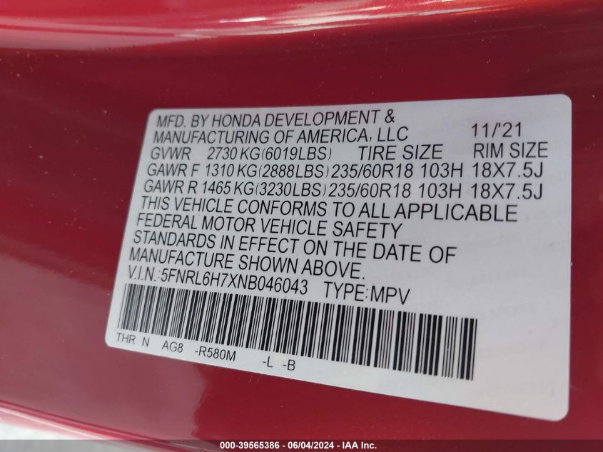 2022 Honda Odyssey Ex-L VIN: 5FNRL6H7XNB046043 Lot: 39565386