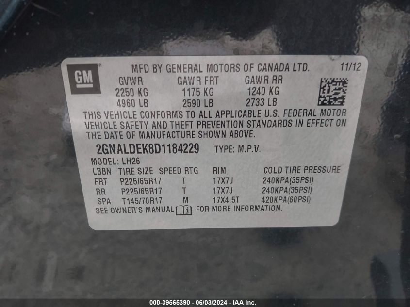 2013 Chevrolet Equinox Lt VIN: 2GNALDEK8D1184229 Lot: 39565390