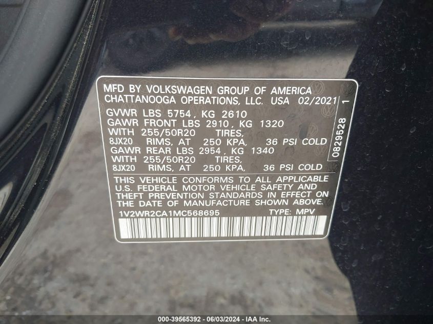 2021 Volkswagen Atlas 3.6L V6 Se W/Technology VIN: 1V2WR2CA1MC568695 Lot: 39565392