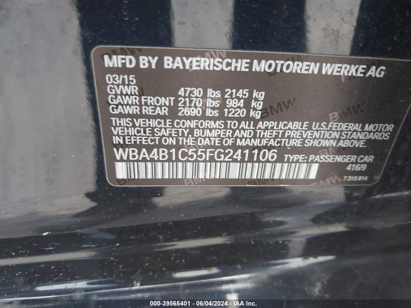 2015 BMW 435I Gran Coupe VIN: WBA4B1C55FG241106 Lot: 39565401