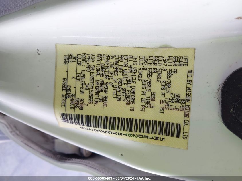 2000 Nissan Xterra Se/Xe VIN: 5N1ED28T5YC525226 Lot: 39565409