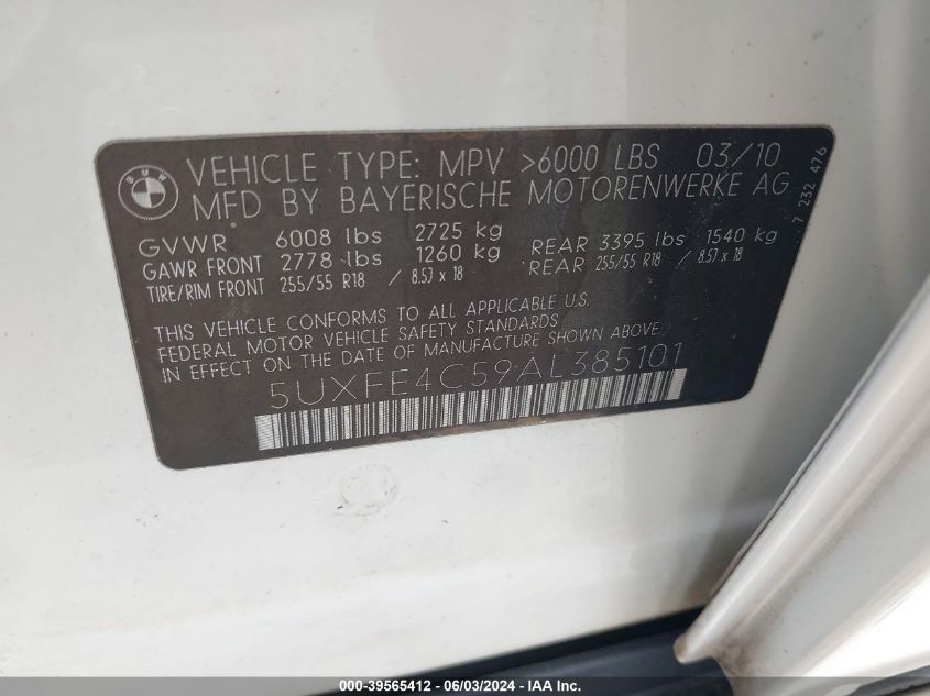 2010 BMW X5 xDrive30I VIN: 5UXFE4C59AL385101 Lot: 39565412