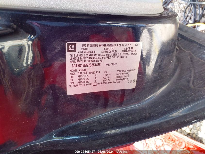 2007 GMC Sierra 1500 Sle1 VIN: 3GTEK13M27G551458 Lot: 39565427