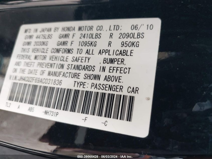 2010 Acura Tsx 2.4 VIN: JH4CU2F69AC031836 Lot: 39565428