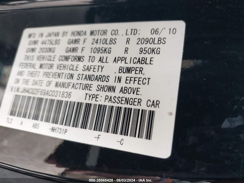 2010 Acura Tsx 2.4 VIN: JH4CU2F69AC031836 Lot: 39565428