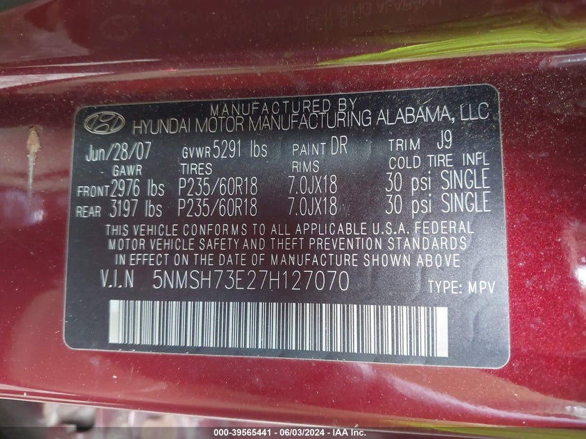 2007 Hyundai Santa Fe Limited/Se VIN: 5NMSH73E27H127070 Lot: 39565441