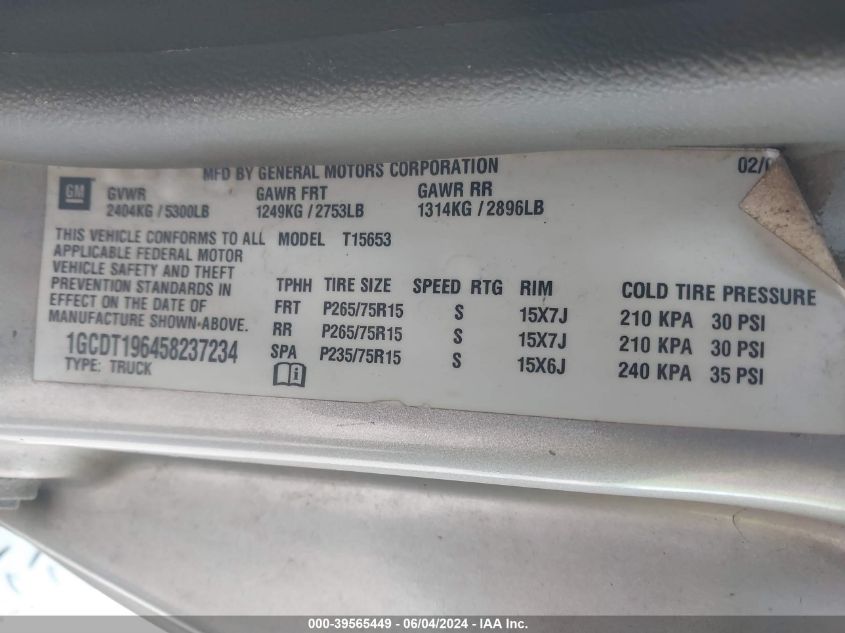 2005 Chevrolet Colorado VIN: 1GCDT196458237234 Lot: 39565449