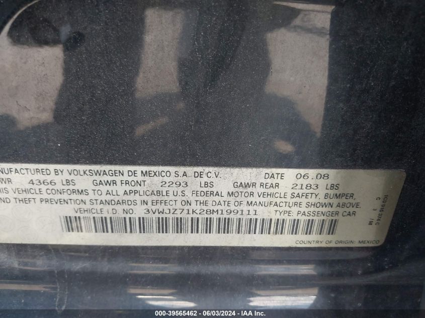 2008 Volkswagen Jetta S VIN: 3VWJZ71K28M199111 Lot: 39565462