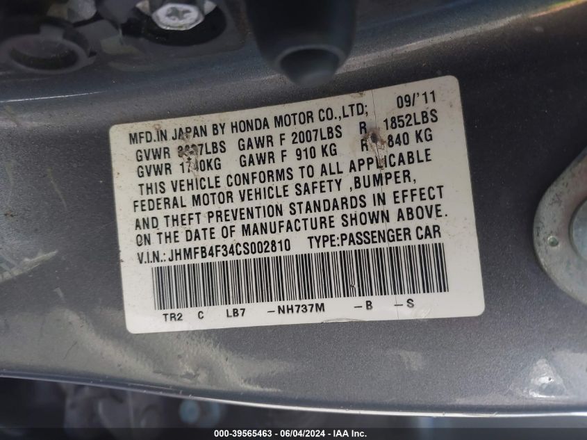 2012 Honda Civic Hybrid VIN: JHMFB4F34CS002810 Lot: 39565463