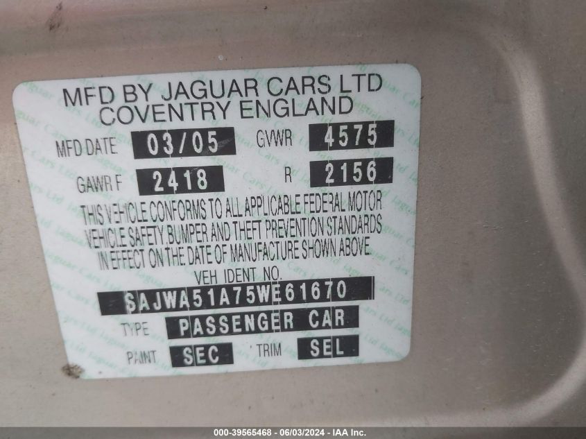 2005 Jaguar X-Type 3.0 VIN: SAJWA51A75WE61670 Lot: 39565468