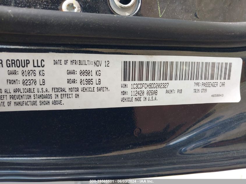 2013 Dodge Dart Limited VIN: 1C3CDFCH9DD202327 Lot: 39565501