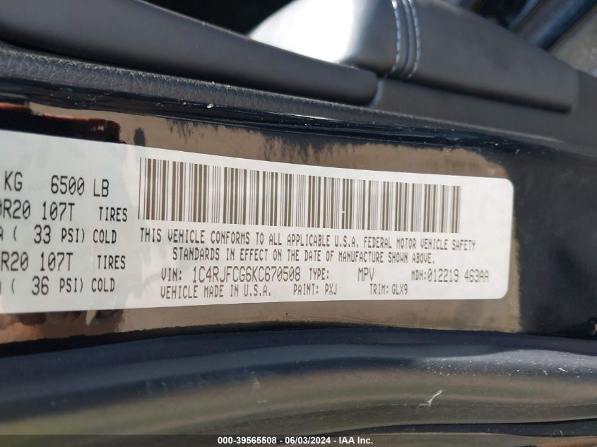 2019 Jeep Grand Cherokee Overland 4X4 VIN: 1C4RJFCG6KC670508 Lot: 39565508