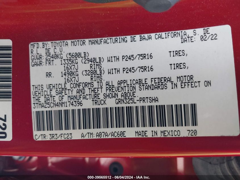 2022 Toyota Tacoma Sr5 V6 VIN: 3TMAZ5CN4NM174396 Lot: 39565512