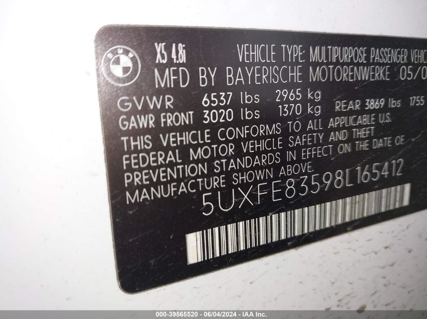 2008 BMW X5 4.8I VIN: 5UXFE83598L165412 Lot: 39565520