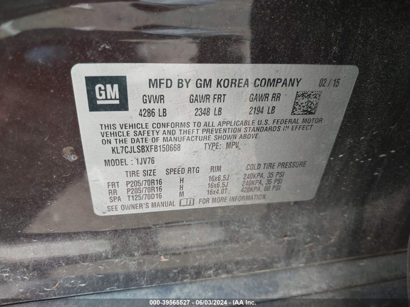 2015 Chevrolet Trax Lt VIN: KL7CJLSBXFB150668 Lot: 39565527