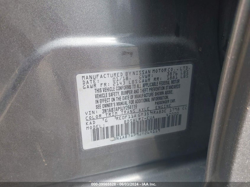 2018 Nissan Sentra Sr VIN: 3N1AB7AP9JY264119 Lot: 39565528