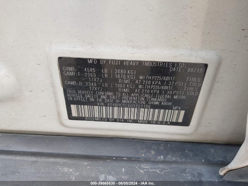 2013 Subaru Outback 2.5I Limited VIN: 4S4BRCSC6D3221156 Lot: 39565530