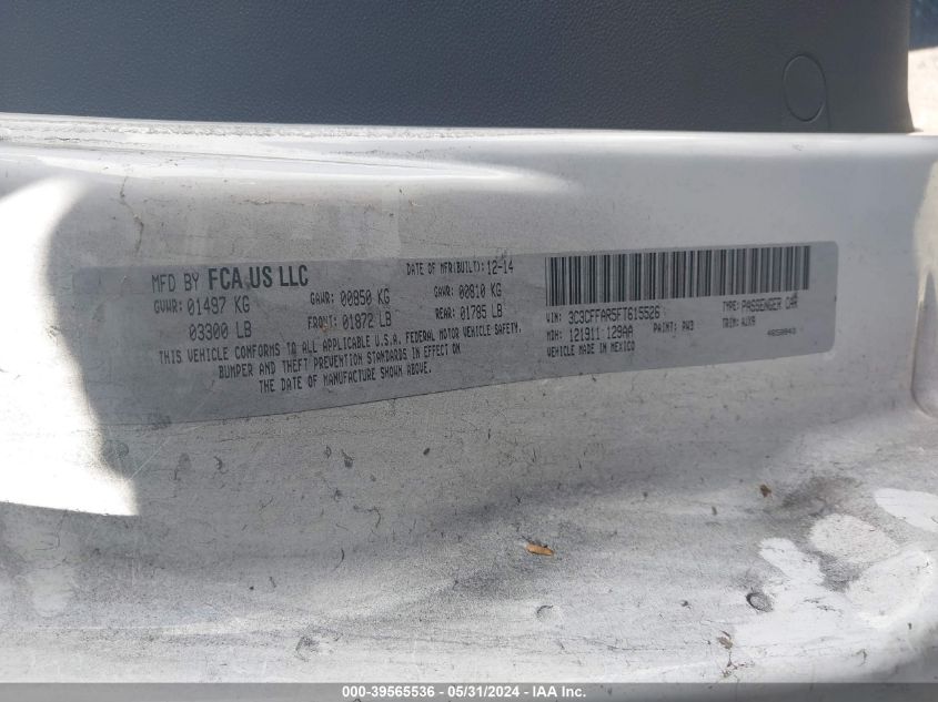 2015 Fiat 500 Pop VIN: 3C3CFFAR5FT615526 Lot: 39565536