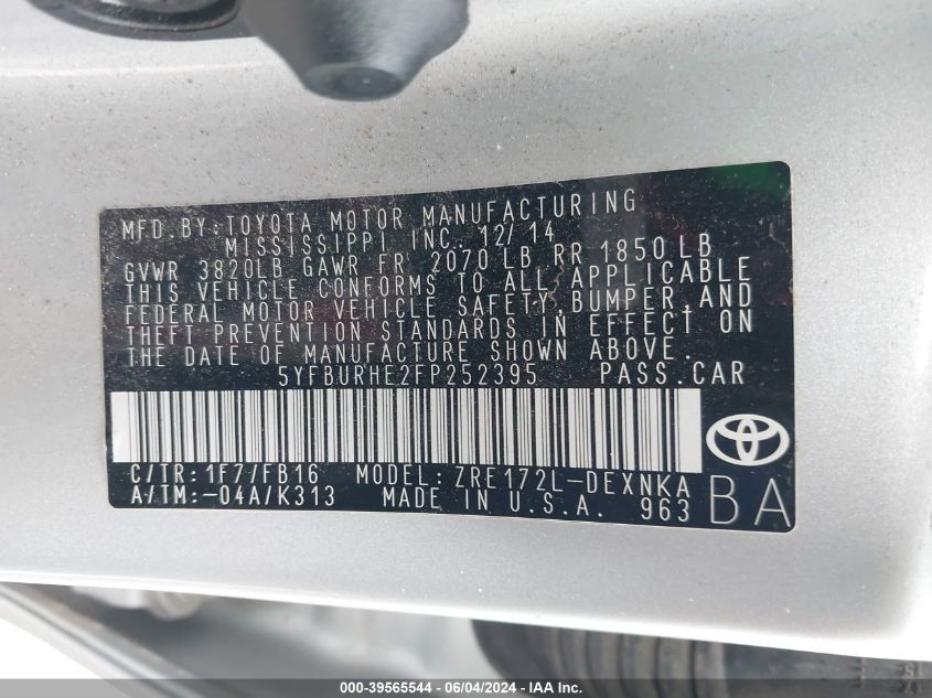 2015 TOYOTA COROLLA LE - 5YFBURHE2FP252395