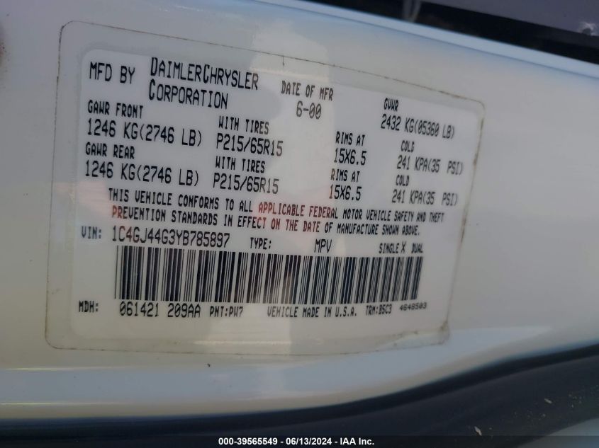 2000 Chrysler Grand Voyager Se VIN: 1C4GJ44G3YB785897 Lot: 39565549