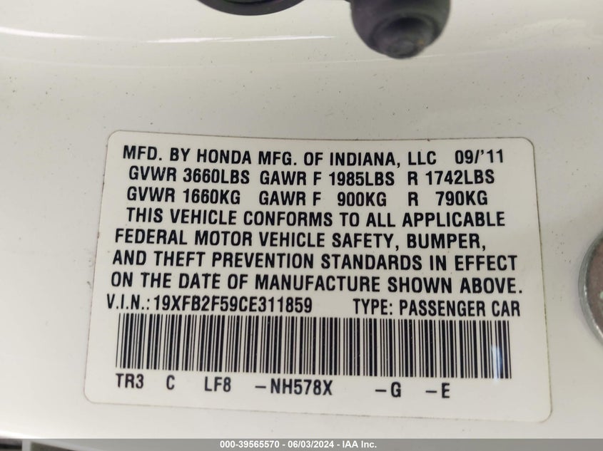 2012 Honda Civic Lx VIN: 19XFB2F59CE311859 Lot: 39565570