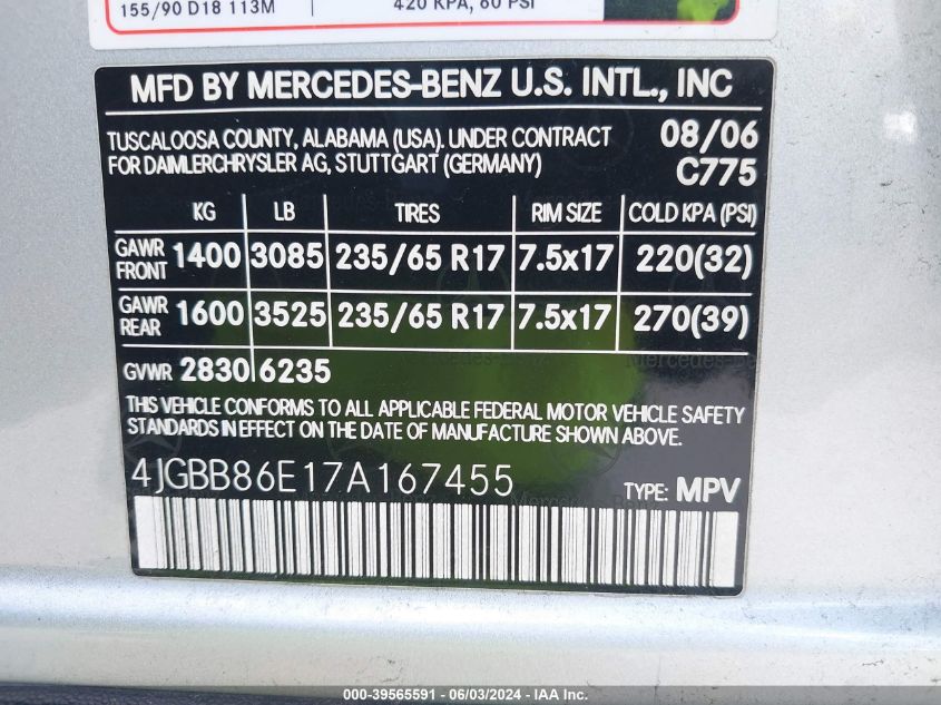 2007 Mercedes-Benz Ml 350 4Matic VIN: 4JGBB86E17A167455 Lot: 39565591