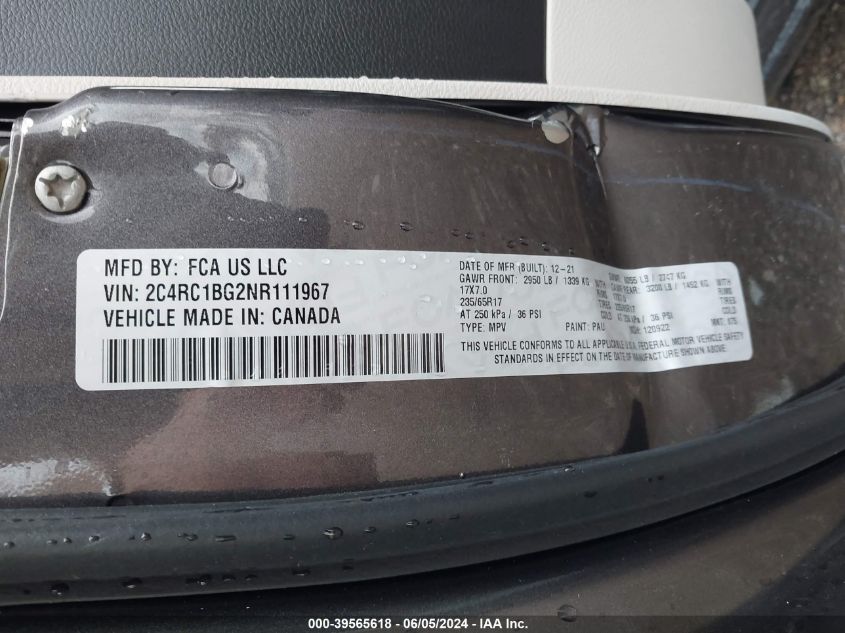 2022 Chrysler Pacifica Touring L VIN: 2C4RC1BG2NR111967 Lot: 39565618