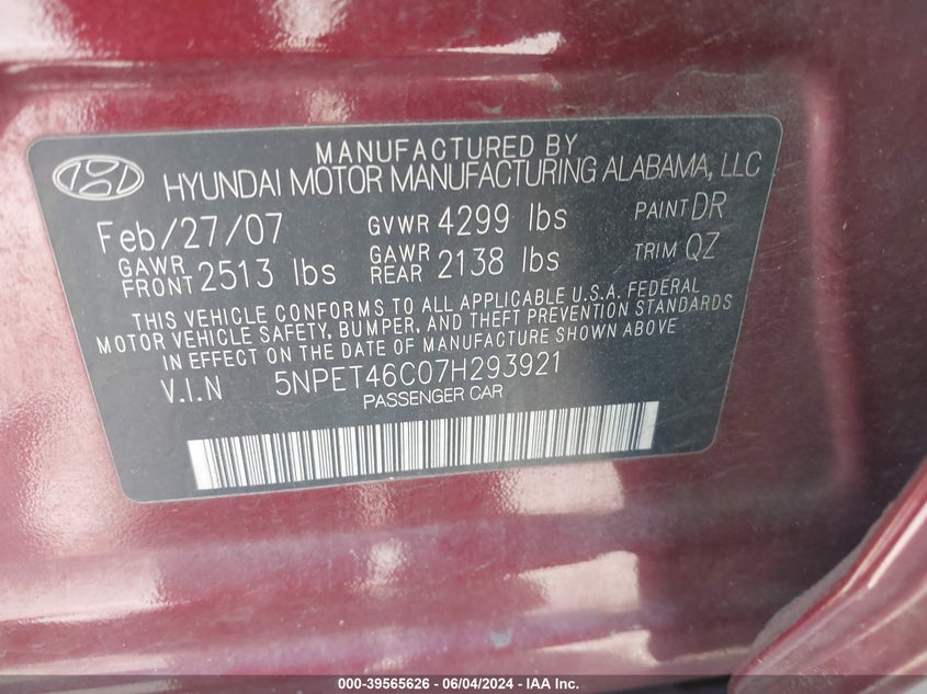 5NPET46C07H293921 2007 Hyundai Sonata Gls