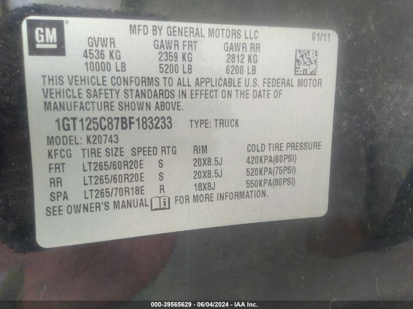 2011 GMC Sierra 2500Hd Denali VIN: 1GT125C87BF183233 Lot: 39565629