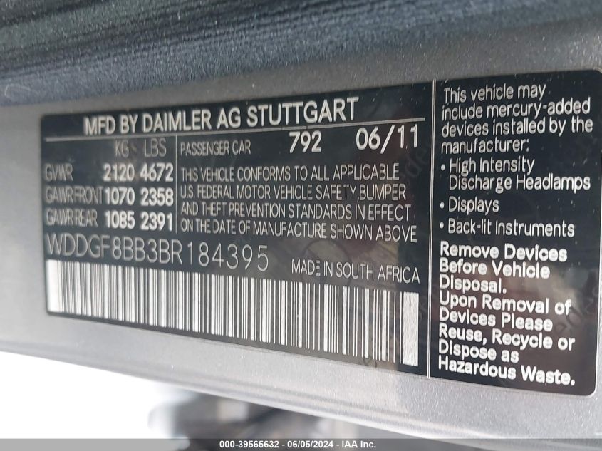 2011 Mercedes-Benz C 300 Luxury 4Matic/Sport 4Matic VIN: WDDGF8BB3BR184395 Lot: 39565632