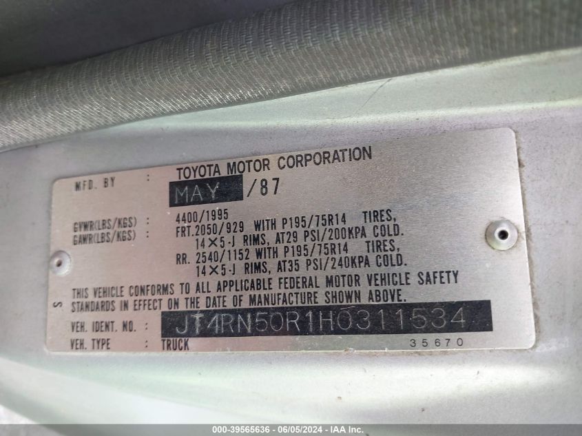 1987 Toyota Pickup 1/2 Ton Rn50 VIN: JT4RN50R1H0311534 Lot: 39565636